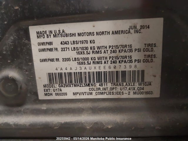 Aukcja sprzedaży 2014 Mitsubishi Rvr Se, vin: 4A4AJ3AUXEE607398, numer aukcji: 20255942