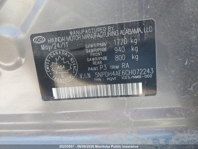 Aukcja sprzedaży 2012 Hyundai Elantra Gls, vin: 5NPDH4AE6CH072243, numer aukcji: 20255957