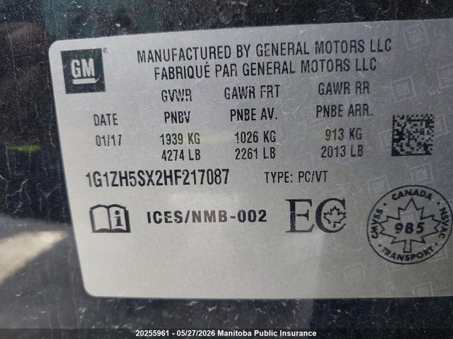 2017 Chevrolet Malibu Premier მანქანა იყიდება აუქციონზე, vin: 1G1ZH5SX2HF217087, აუქციონის ნომერი: 20255961