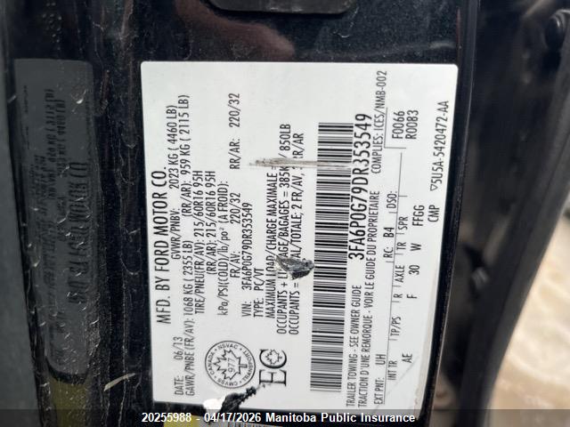 20255988 :رقم المزاد ، 3FA6P0G79DR353549 vin ، 2013 Ford Fusion S مزاد بيع
