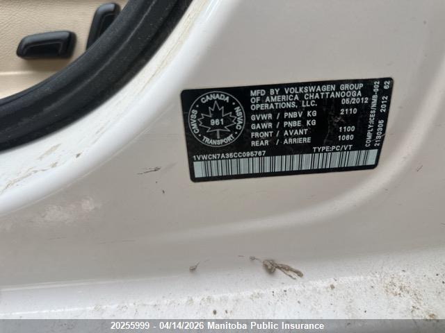 20255999 :رقم المزاد ، 1VWCN7A35CC095767 vin ، 2012 Volkswagen Passat 2.0 Tdi مزاد بيع