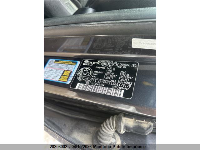 20256002 :رقم المزاد ، 5XYPHDA33KG476179 vin ، 2019 Kia Sorento Ex مزاد بيع