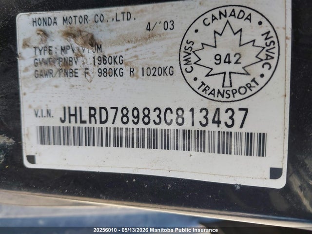 Продажа на аукционе авто 2003 Honda Cr-v Ex-l, vin: JHLRD78983C813437, номер лота: 20256010
