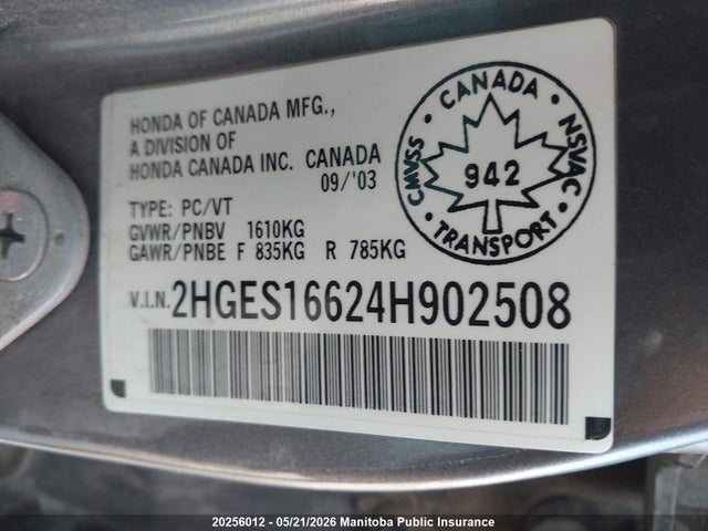 Aukcja sprzedaży 2004 Honda Civic Lx, vin: 2HGES16624H902508, numer aukcji: 20256012