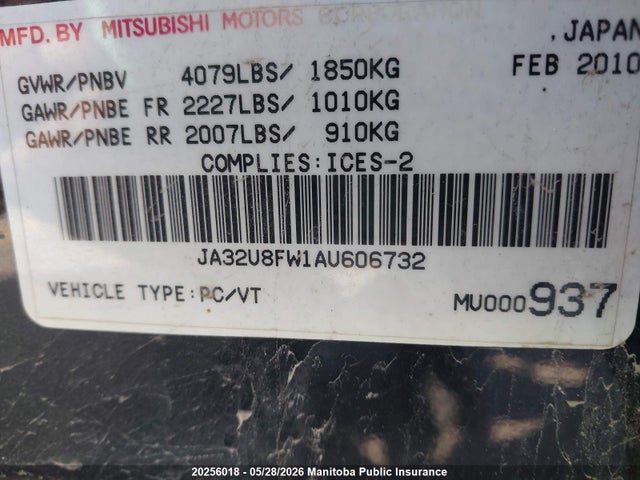 Aukcja sprzedaży 2010 Mitsubishi Lancer Gts, vin: JA32U8FW1AU606732, numer aukcji: 20256018