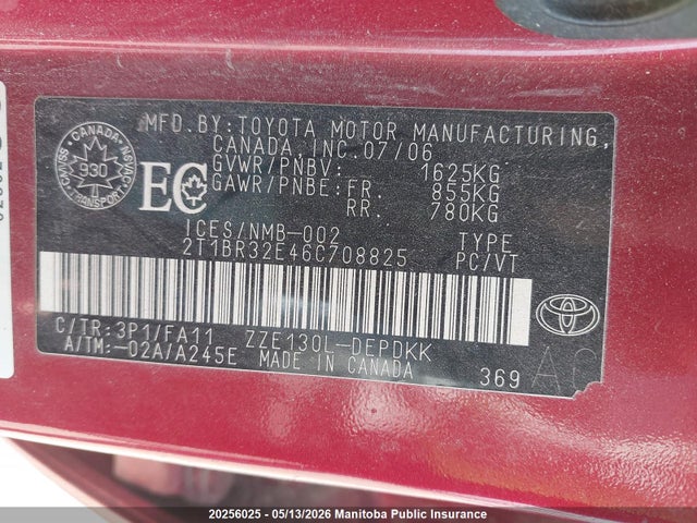 20256025 :رقم المزاد ، 2T1BR32E46C708825 vin ، 2006 Toyota Corolla Ce مزاد بيع