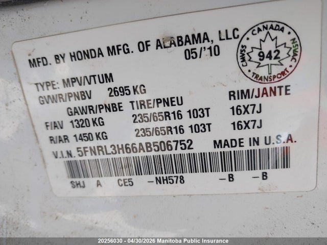 Продаж на аукціоні авто 2010 Honda Odyssey Ex-l, vin: 5FNRL3H66AB506752, номер лоту: 20256030