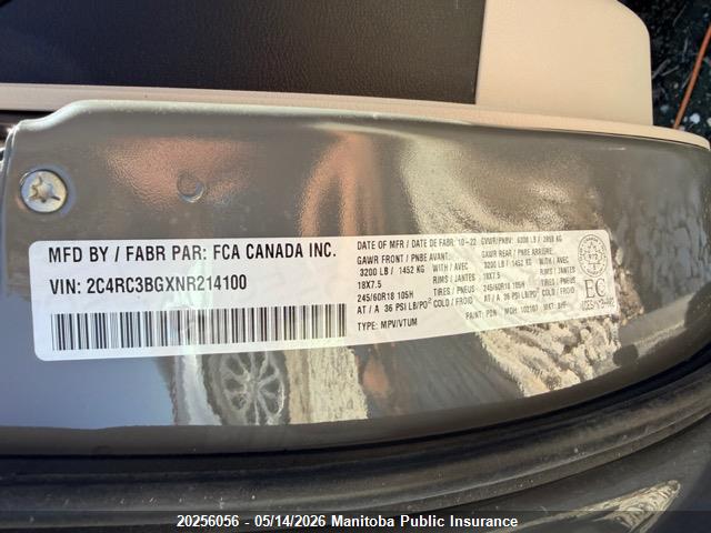 20256056 :رقم المزاد ، 2C4RC3BGXNR214100 vin ، 2022 Chrysler Pacifica Touring-l مزاد بيع