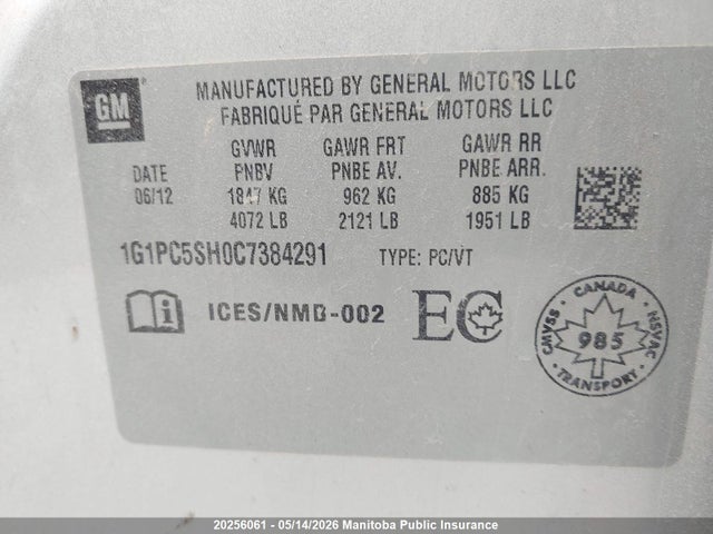 Продаж на аукціоні авто 2012 Chevrolet Cruze Ls, vin: 1G1PC5SH0C7384291, номер лоту: 20256061