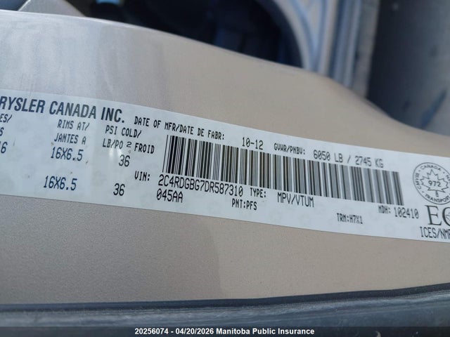 Aukcja sprzedaży 2013 Dodge Grand Caravan Sxt, vin: 2C4RDGBG7DR587310, numer aukcji: 20256074
