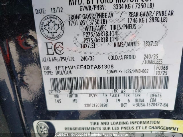 20256078 :رقم المزاد ، 1FTFW1EF4DFA81308 vin ، 2013 Ford F150 Xlt Supercrew مزاد بيع