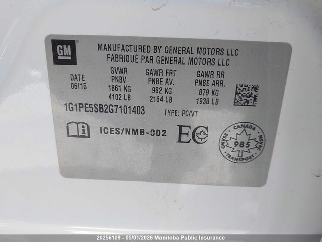 1G1PE5SB2G7101403 Chevrolet Cruze Lt Turbo