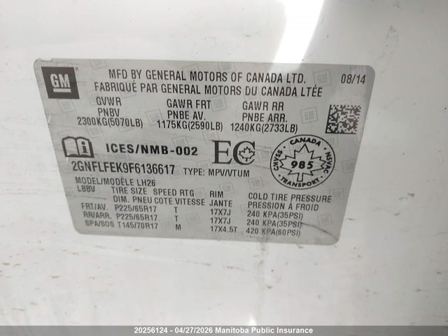 20256124 :رقم المزاد ، 2GNFLFEK9F6136617 vin ، 2015 Chevrolet Equinox Lt مزاد بيع