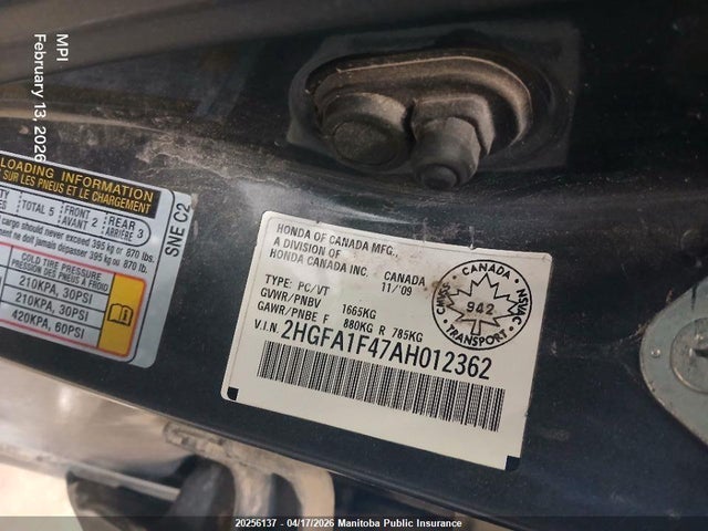 Aukcja sprzedaży 2010 Honda Civic Dx-g, vin: 2HGFA1F47AH012362, numer aukcji: 20256137