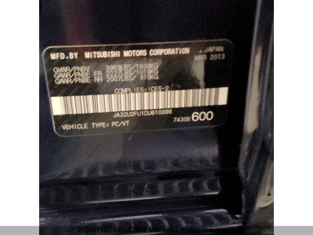 20256158 :رقم المزاد ، JA32U2FU1DU610098 vin ، 2013 Mitsubishi Lancer Se مزاد بيع