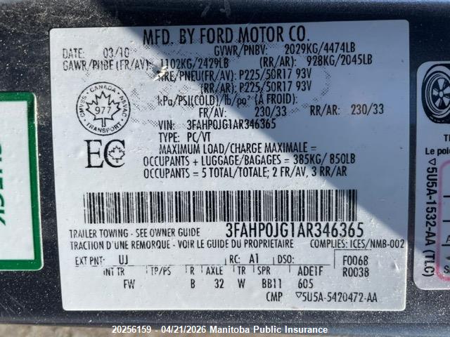 20256159 :رقم المزاد ، 3FAHP0JG1AR346365 vin ، 2010 Ford Fusion Sel V6 مزاد بيع