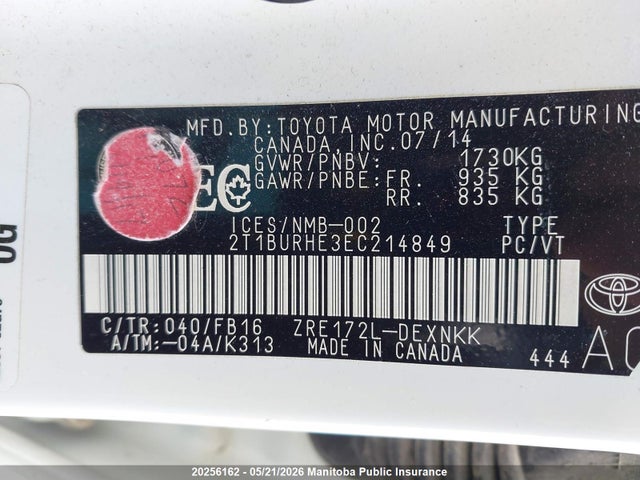 Aukcja sprzedaży 2014 Toyota Corolla Le, vin: 2T1BURHE3EC214849, numer aukcji: 20256162