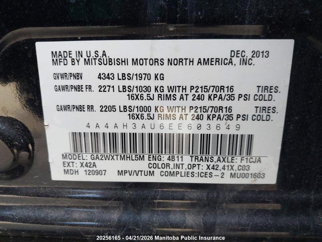Aukcja sprzedaży 2014 Mitsubishi Rvr Se, vin: 4A4AH3AU6EE603649, numer aukcji: 20256165