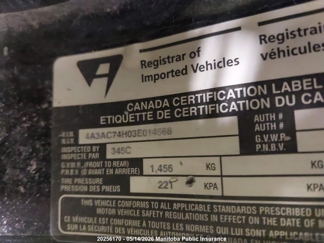 2003 Mitsubishi Eclipse Gts მანქანა იყიდება აუქციონზე, vin: 4A3AC74H03E014568, აუქციონის ნომერი: 20256170