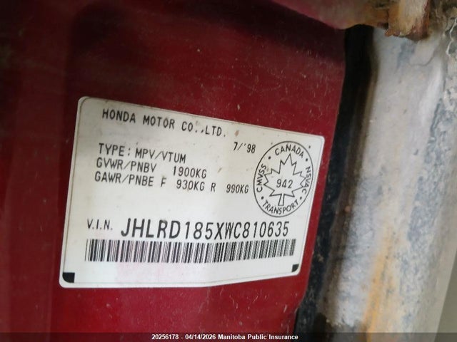 Aukcja sprzedaży 1998 Honda Cr-v, vin: JHLRD185XWC810635, numer aukcji: 20256178