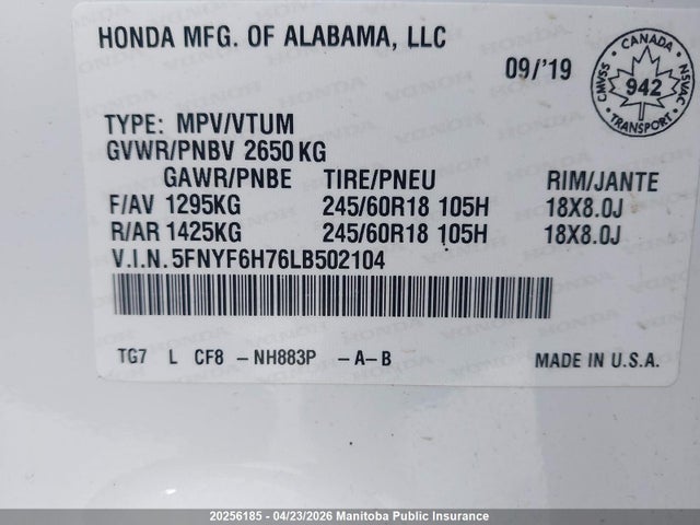 5FNYF6H76LB502104 Honda Pilot Ex-l