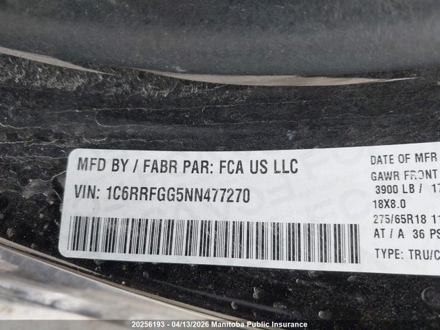 1C6RRFGG5NN477270 Dodge Ram 1500 Tradesman Crew Cab