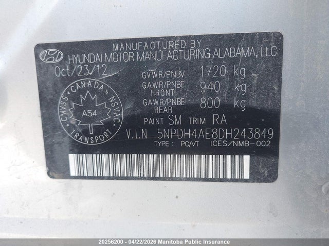 Продажа на аукционе авто 2013 Hyundai Elantra Gls, vin: 5NPDH4AE8DH243849, номер лота: 20256200