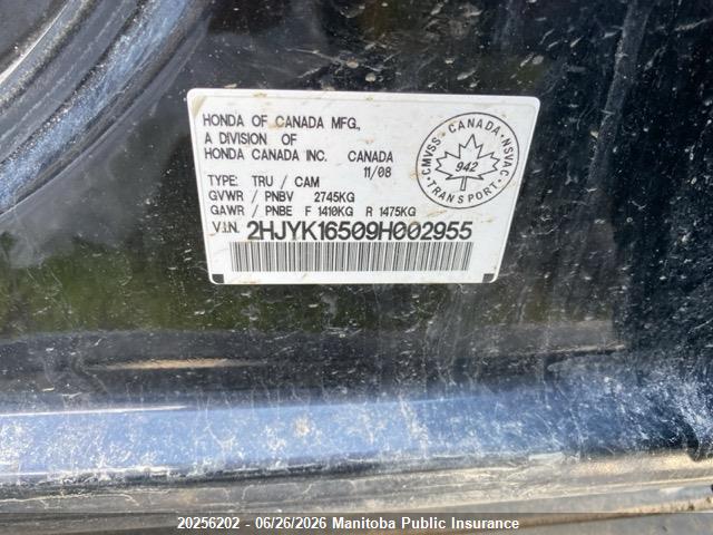 20256202 :رقم المزاد ، 2HJYK16509H002955 vin ، 2009 Honda Ridgeline Ex-l مزاد بيع