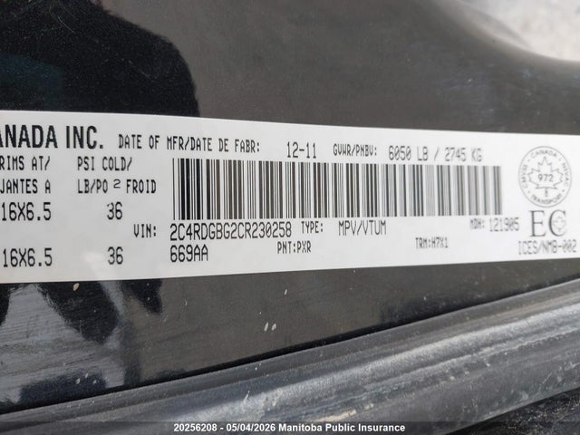 Aukcja sprzedaży 2012 Dodge Grand Caravan Se, vin: 2C4RDGBG2CR230258, numer aukcji: 20256208