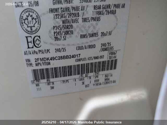 20256210 :رقم المزاد ، 2FMDK49C28BB24017 vin ، 2008 Ford Edge Limited مزاد بيع