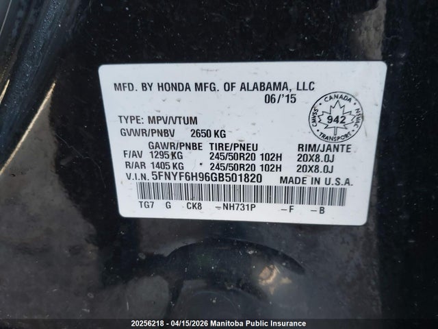 5FNYF6H96GB501820 Honda Pilot Touring
