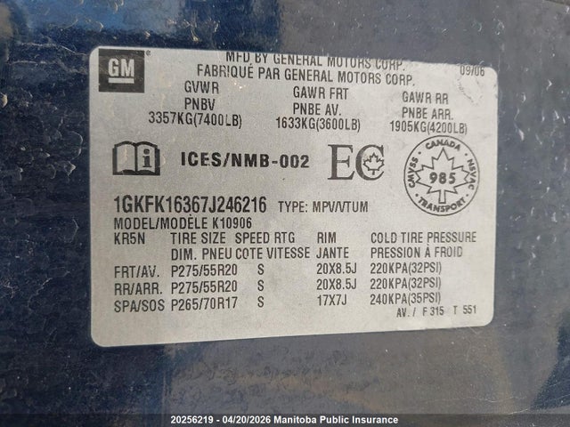 Aukcja sprzedaży 2007 Gmc Yukon Xl 1500 Slt, vin: 1GKFK16367J246216, numer aukcji: 20256219