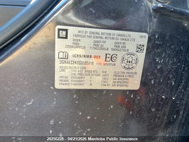 2016 Chevrolet Equinox Lt მანქანა იყიდება აუქციონზე, vin: 2GNALCEK8G6105918, აუქციონის ნომერი: 20256228