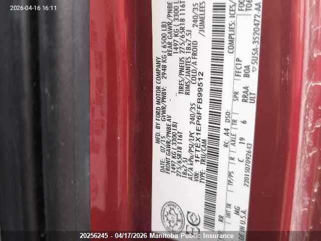 20256245 :رقم المزاد ، 1FTEX1EP6FFB99512 vin ، 2015 Ford F150 Xlt Supercab مزاد بيع
