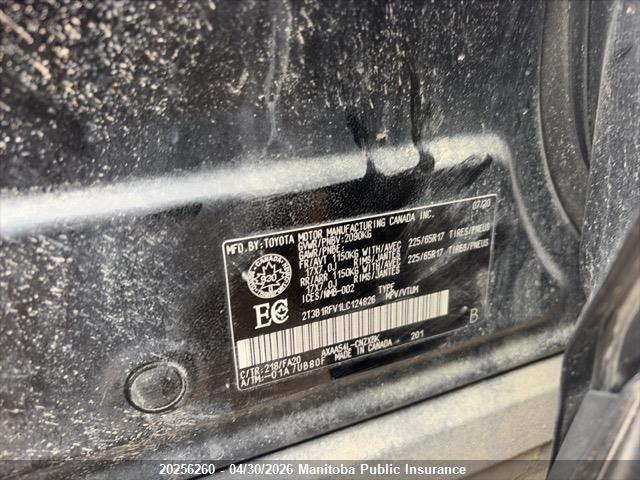 20256260 :رقم المزاد ، 2T3B1RFV1LC124826 vin ، 2020 Toyota Rav4 Le مزاد بيع
