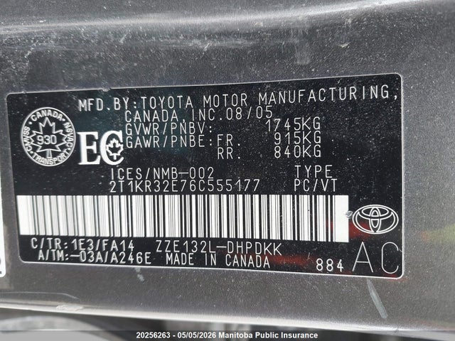 2006 Toyota Matrix მანქანა იყიდება აუქციონზე, vin: 2T1KR32E76C555177, აუქციონის ნომერი: 20256263