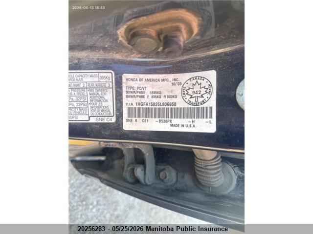 Aukcja sprzedaży 2006 Honda Civic Ex, vin: 1HGFA15826L806958, numer aukcji: 20256283