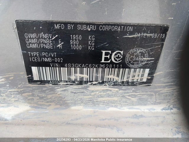 Auction sale of the 2019 Subaru Impreza 2.0i Touring, vin: 4S3GKAC62K3628111, lot number: 20256293