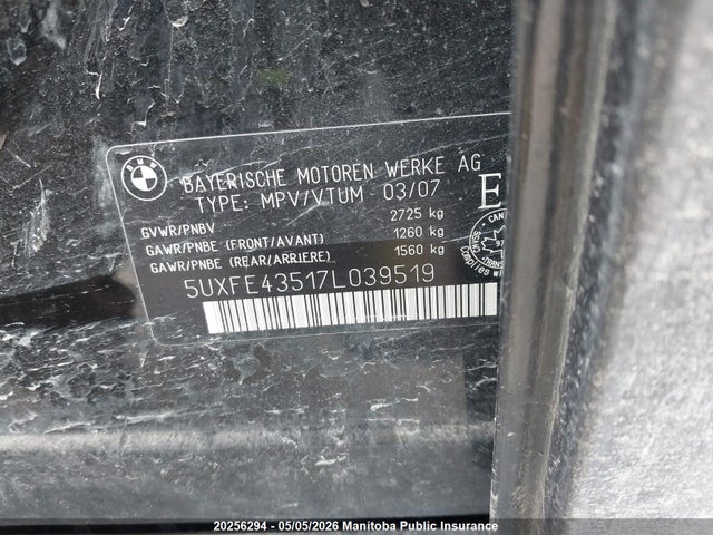 2007 Bmw X5 3.0si მანქანა იყიდება აუქციონზე, vin: 5UXFE43517L039519, აუქციონის ნომერი: 20256294