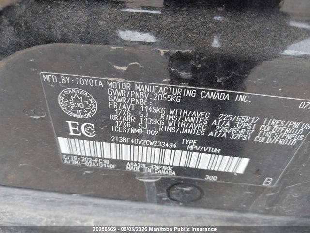 Aukcja sprzedaży 2012 Toyota Rav4, vin: 2T3BF4DV2CW233494, numer aukcji: 20256369