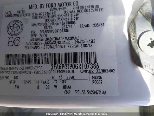 Продажа на аукционе авто 2016 Ford Fusion Se, vin: 3FA6P0T90GR107386, номер лота: 20256372