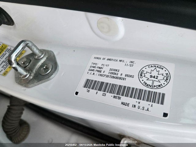 Продаж на аукціоні авто 2008 Honda Accord Ex, vin: 1HGCP26728A808091, номер лоту: 20256402