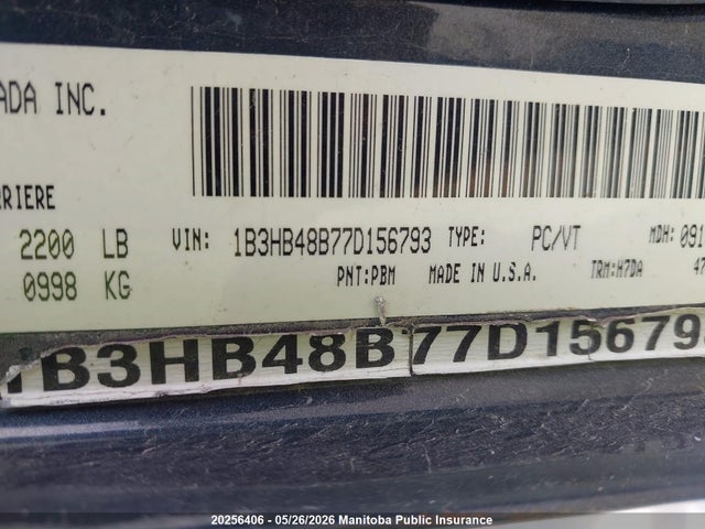 20256406 :رقم المزاد ، 1B3HB48B77D156793 vin ، 2007 Dodge Caliber Sxt مزاد بيع