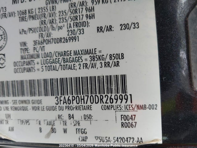 2013 Ford Fusion Se მანქანა იყიდება აუქციონზე, vin: 3FA6P0H70DR269991, აუქციონის ნომერი: 20256410