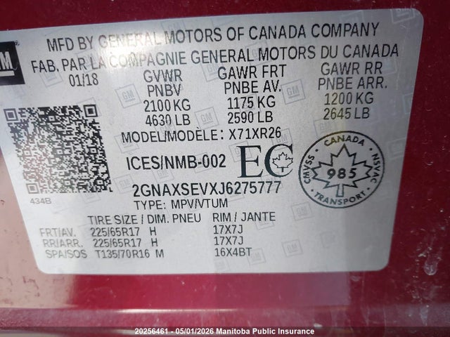 2GNAXSEVXJ6275777 Chevrolet EQUINOX LT