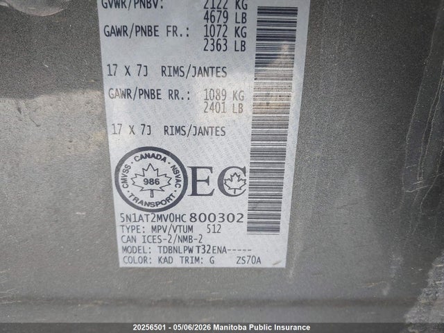 5N1AT2MV0HC800302 Nissan ROGUE S
