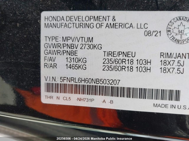 Aukcja sprzedaży 2022 Honda Odyssey Ex-l, vin: 5FNRL6H60NB503207, numer aukcji: 20256506