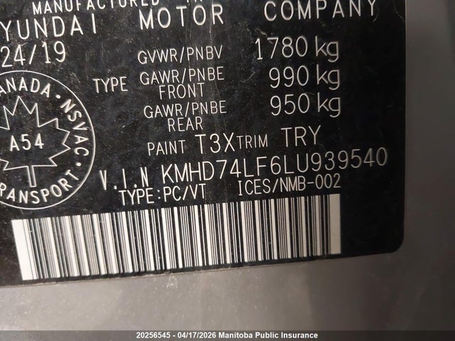 2020 Hyundai Elantra Essential მანქანა იყიდება აუქციონზე, vin: KMHD74LF6LU939540, აუქციონის ნომერი: 20256545