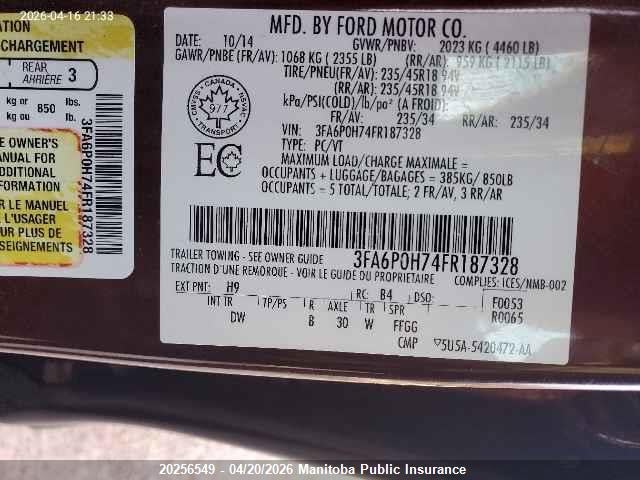Продаж на аукціоні авто 2015 Ford Fusion Se, vin: 3FA6P0H74FR187328, номер лоту: 20256549
