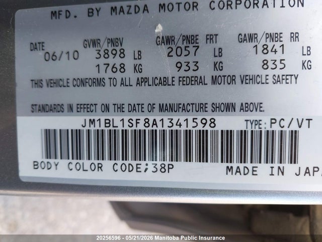 Aukcja sprzedaży 2010 Mazda Mazda3 Gs, vin: JM1BL1SF8A1341598, numer aukcji: 20256596